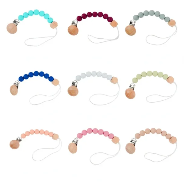 Baby Pacifier Clip Wood Color Silicone Bead Infant Teether Soother Anti-drop Chain Newborn Safe Teething Toy Dummy Nipple Holder - Image 5