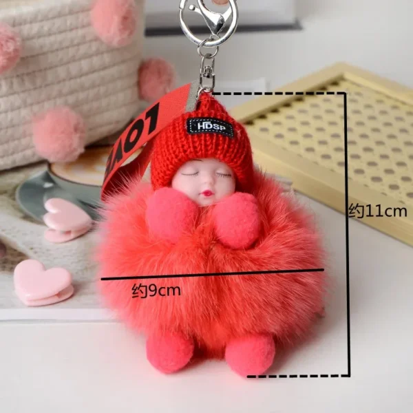 Cute Sleep Baby Pompom Keychain Real Fox Fur Doll Keyring Plush Doll Pendant Fashion Key Holder Chain for Car Key Ring Women Bag - Image 4