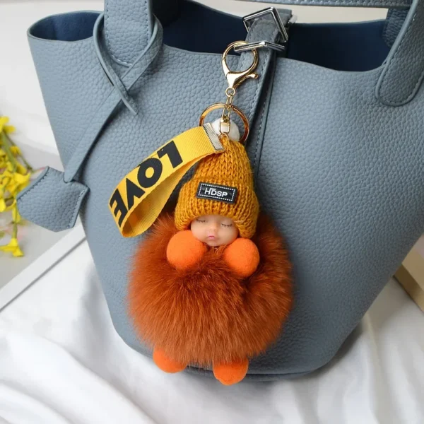 Cute Sleep Baby Pompom Keychain Real Fox Fur Doll Keyring Plush Doll Pendant Fashion Key Holder Chain for Car Key Ring Women Bag - Image 2