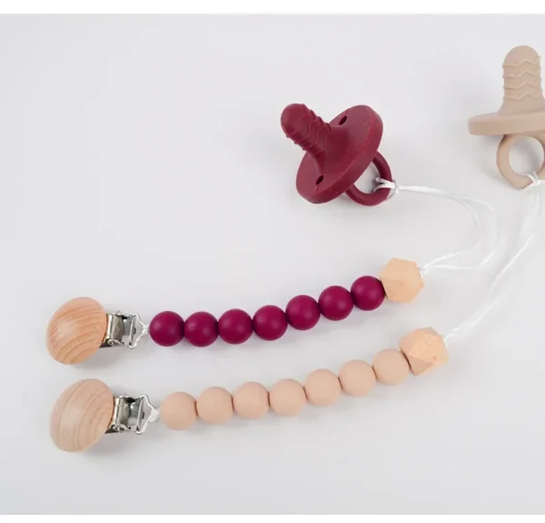 Baby Pacifier Clip Wood Color Silicone Bead Infant Teether Soother Anti-drop Chain Newborn Safe Teething Toy Dummy Nipple Holder - Image 3