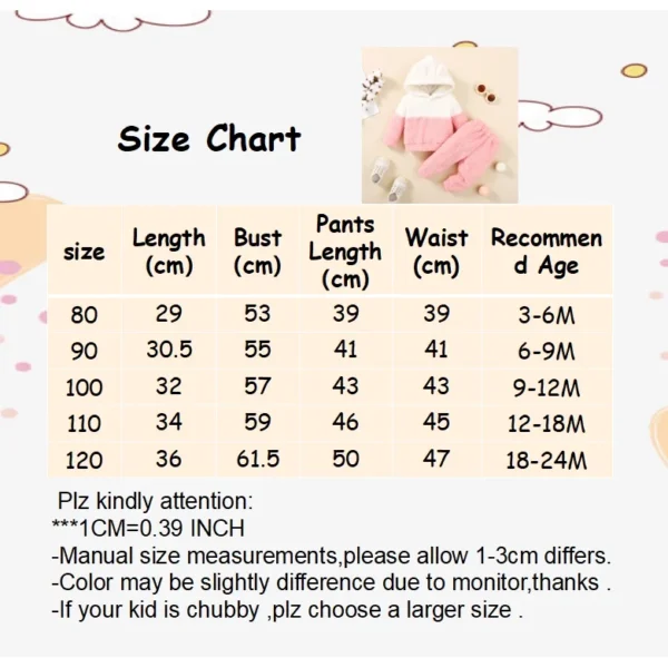 0-2 Years Newborn Baby Girl Fluff Hooded Clothes Set Long Sleeve Hoodie Top + Pant Autumn and Winter Warm Daily 2PCS Outfit - Image 6
