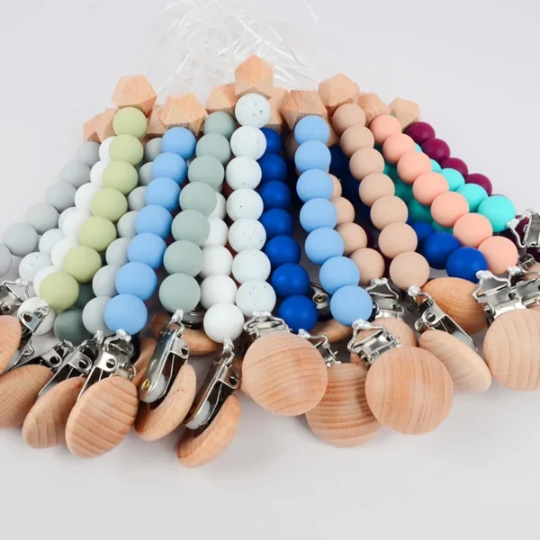Baby Pacifier Clip Wood Color Silicone Bead Infant Teether Soother Anti-drop Chain Newborn Safe Teething Toy Dummy Nipple Holder - Image 2