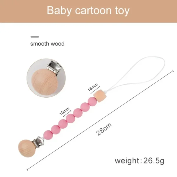 Baby Pacifier Clip Wood Color Silicone Bead Infant Teether Soother Anti-drop Chain Newborn Safe Teething Toy Dummy Nipple Holder - Image 4